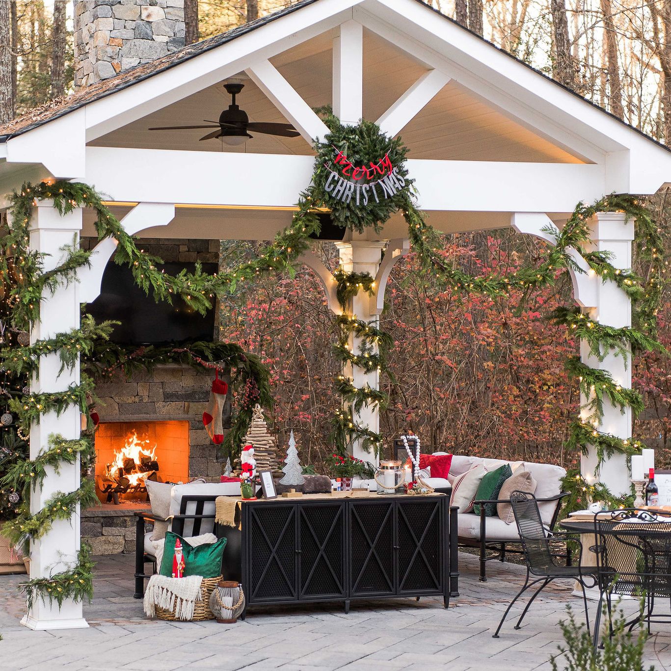 pergola with garlands and wreaths
