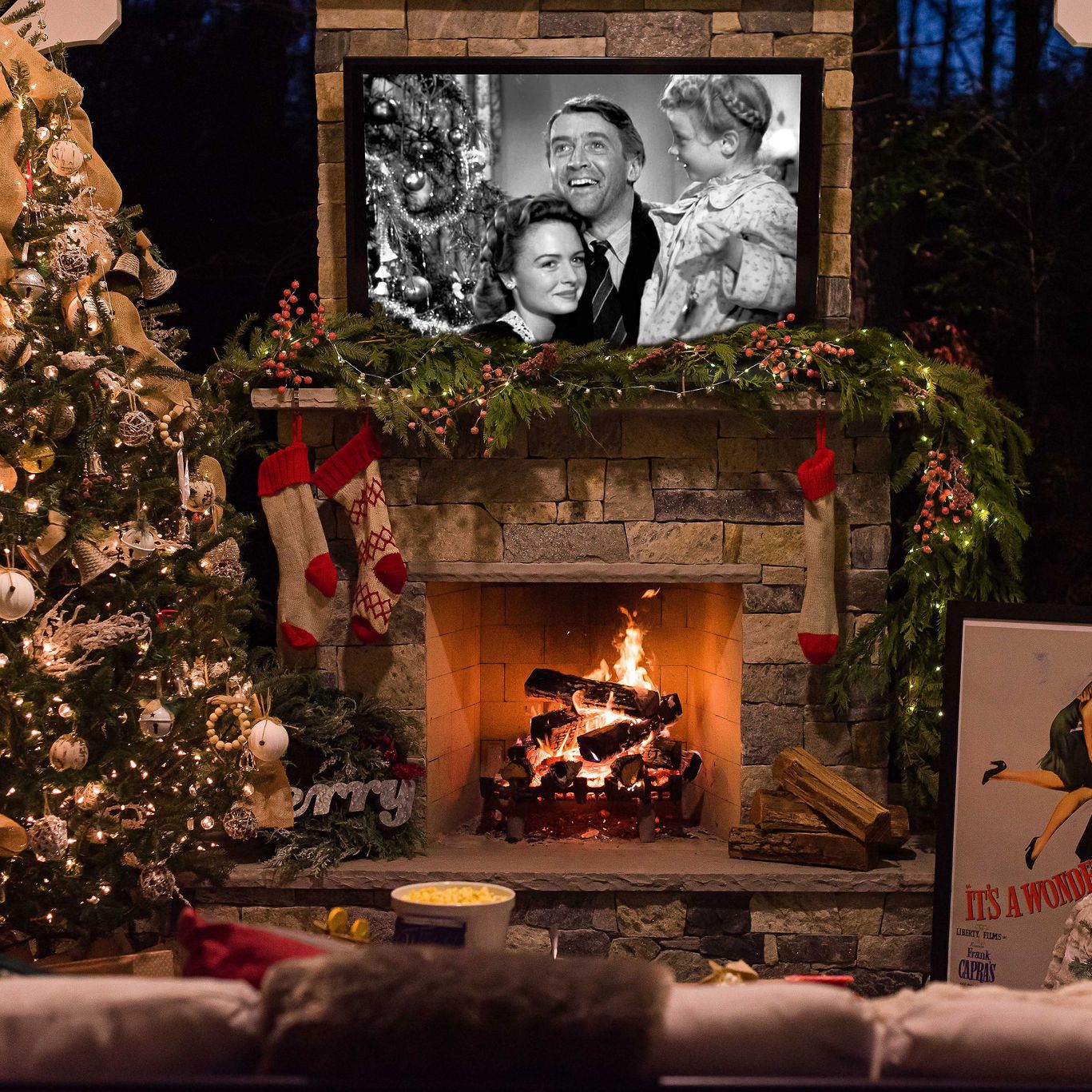 outdoor tv on fireplace outside