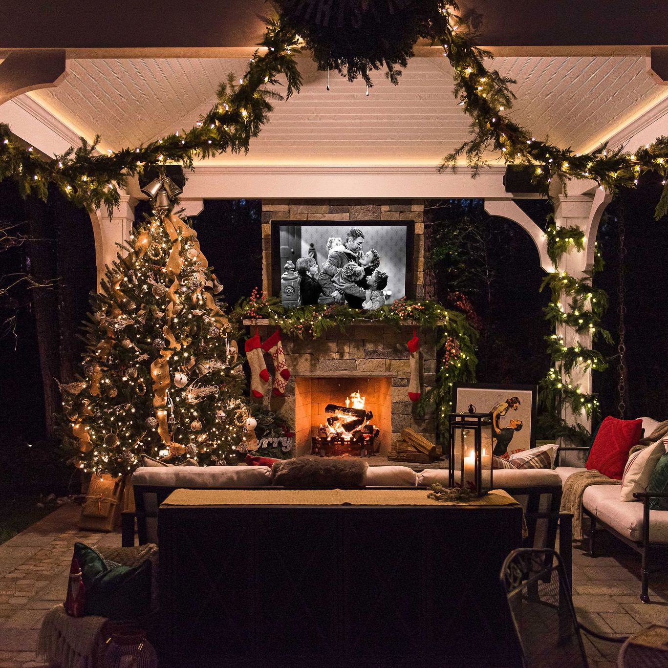 Its a wonderful outdoor life on tv in decorated outdoor space with fireplace