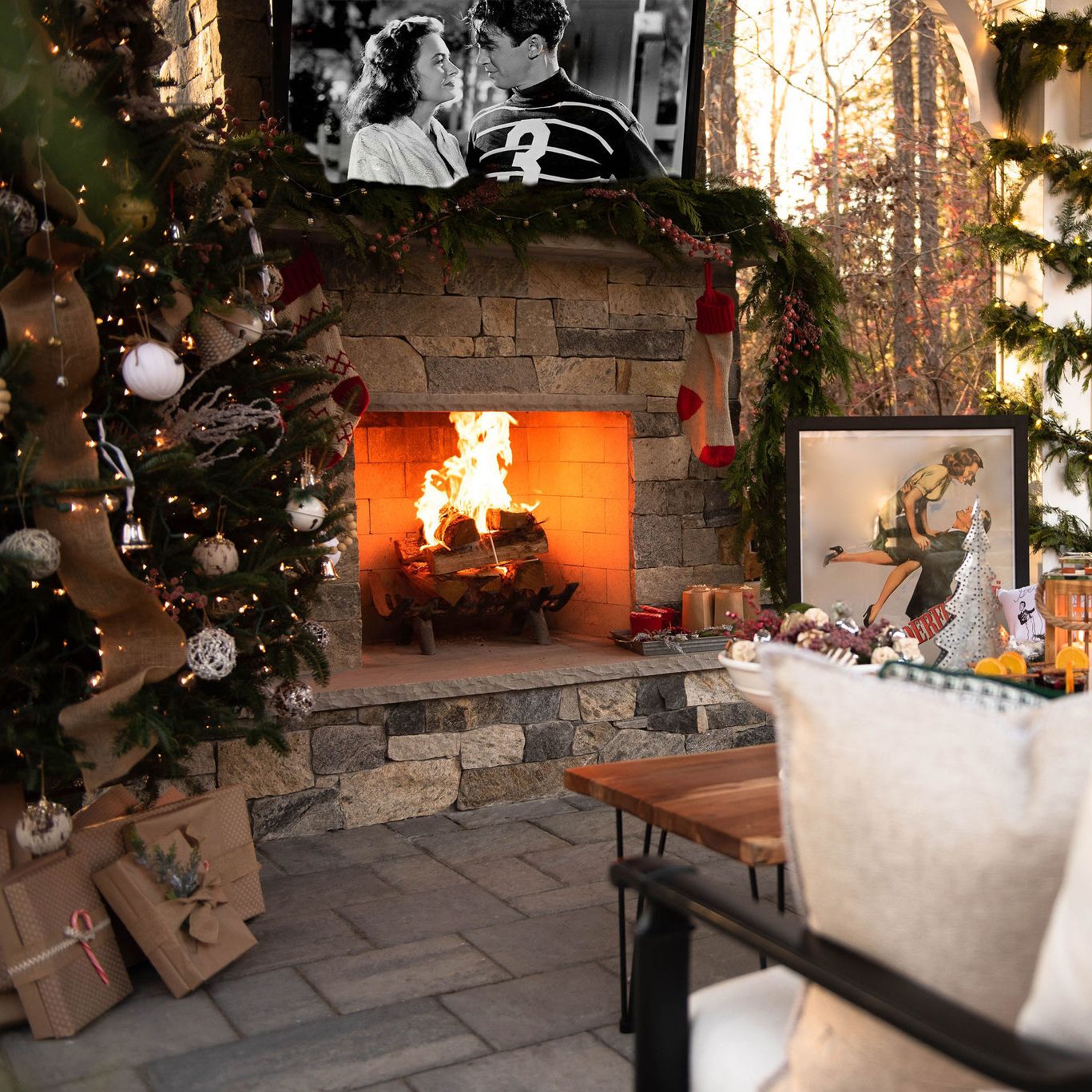 cozy outdoor fireplace holidays