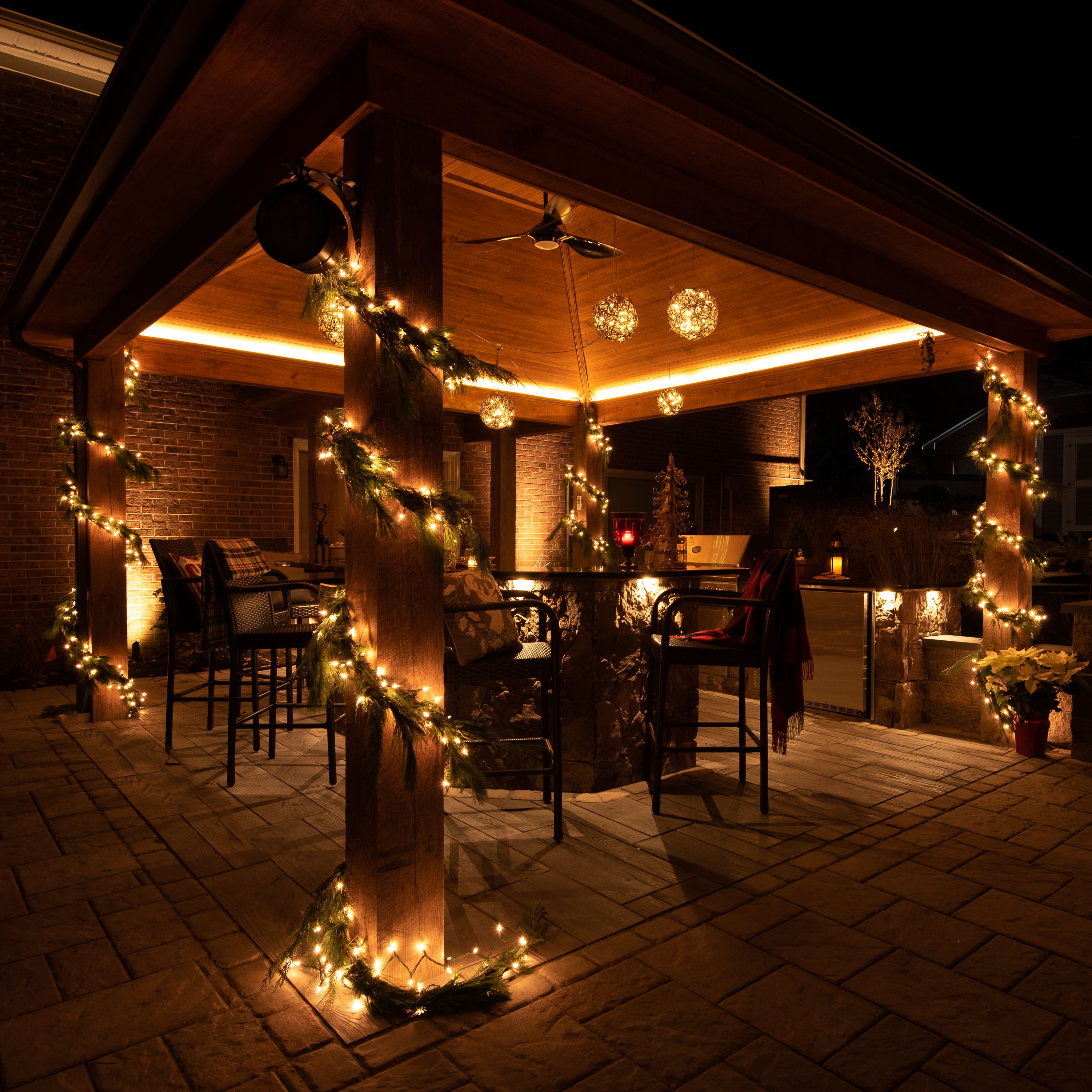 	Outdoor living pavilion lit and decorated for Christmas